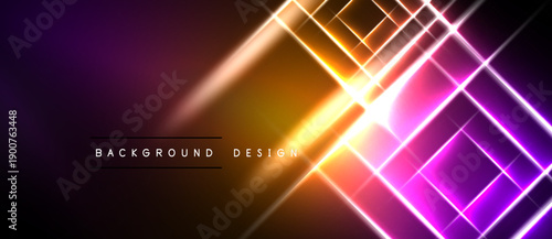 Vibrant neon lines intersect over dark gradient. Bright orange center radiates outward, creating dynamic visual effect. Background design element.