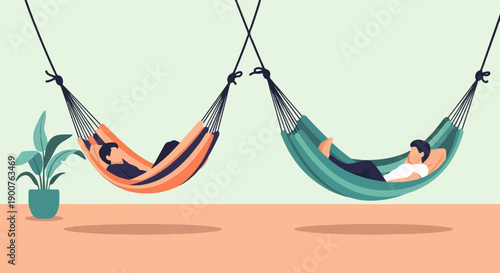 Two people relaxing in hammocks, one with a potted plant nearby