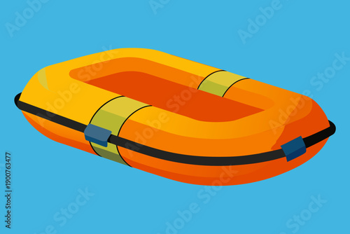 Orange Inflatable Raft With Blue Straps On Blue Background
