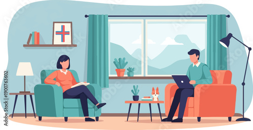 Two people relaxing in armchairs in a cozy room with a window view