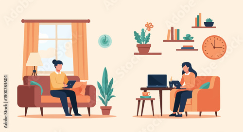 Two individuals work on laptops in comfortable living room settings