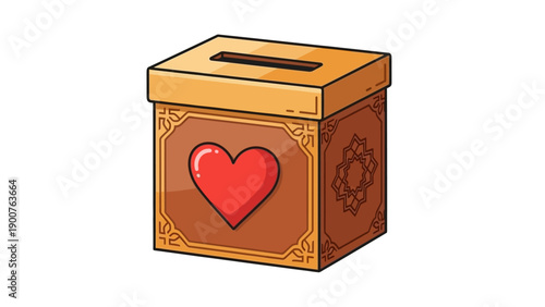 An ornate wooden box with a red heart on the front, viewed from the front