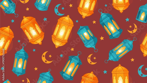 A festive pattern of lanterns, moons, and stars on a red background, viewed from directly above, illustrating a celebratory atmosphere