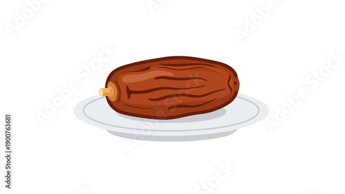 A ripe date fruit on a white plate viewed from the side