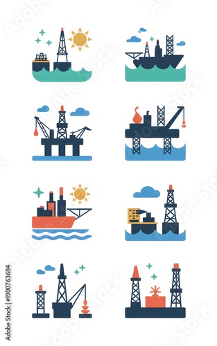 Offshore oil rigs and ships in various operations