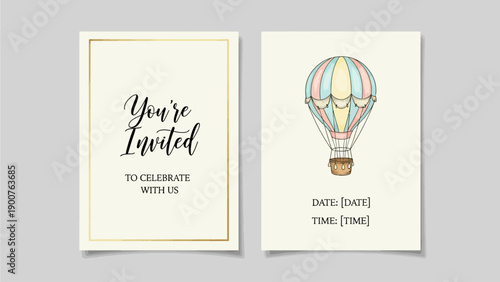 Invitation to celebration with hot air balloon illustration on card
