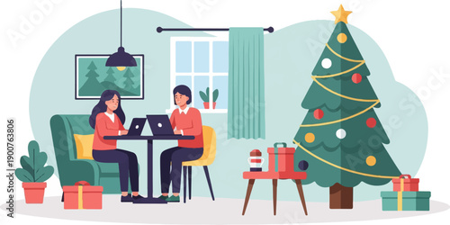 Two people working on laptops in a cozy room with a decorated Christmas tree