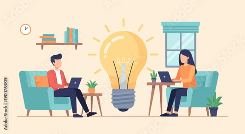 Two individuals work on laptops near a glowing lightbulb in a room