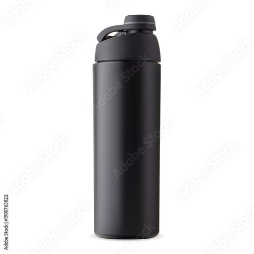 Black recyclable sport water bottle, modern design drink container. Portable cycling flask for refreshment beverage. Reusable travel bottle for active training, hiking, minimalist equipment