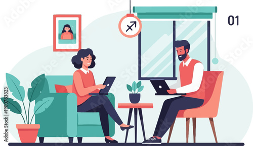 Two people work on laptops in a modern living room with plants and a framed picture