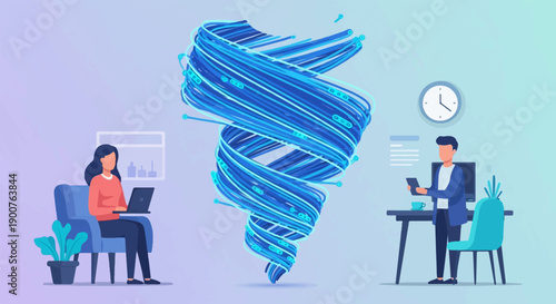Two individuals work remotely amidst a swirling vortex of digital energy