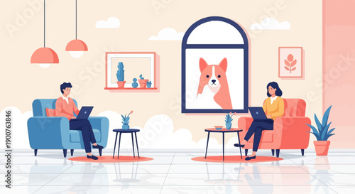 Two people working on laptops in a cozy room with a dog looking out the window