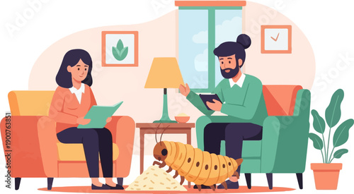 Two people sitting in chairs while a large caterpillar eats from a pile of food