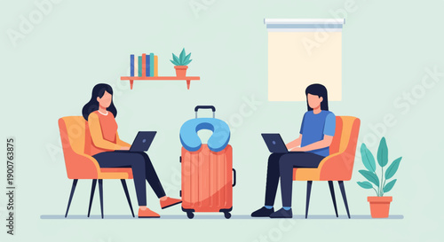 Two individuals work on laptops near a suitcase with a travel pillow and plant