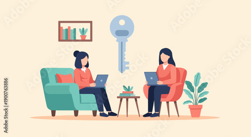 Two people working on laptops in a cozy room with a key symbol