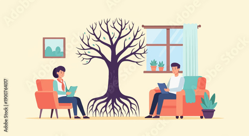 Two people in chairs in a room with a large tree and a window