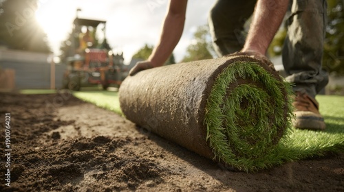 sod installation, a landscaper wearing a grey t-shirt and work boots lays down vibrant green sod on dark prepared soil, transforming it into a perfect lawn
