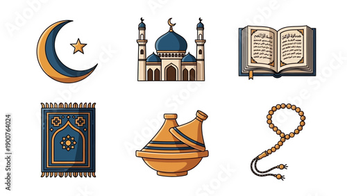 Islamic Symbols and Objects Including Mosque, Prayer Beads, and Quranic Illustrations
