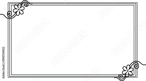 Elegant minimalist black and white rectangular frame with floral line art corners for wedding invitations and certificates