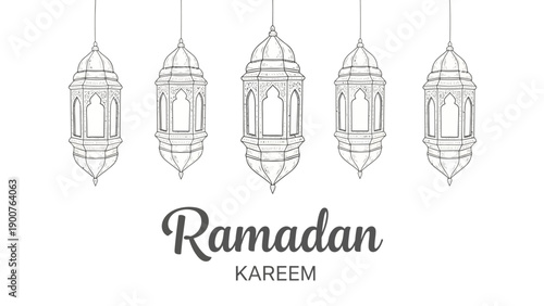 Five hanging lanterns symbolizing Ramadan, a sacred Islamic month of fasting and reflection