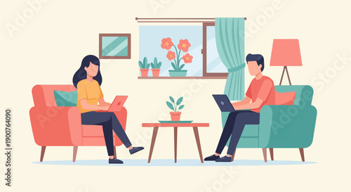 Two individuals working on laptops in a cozy living room setting