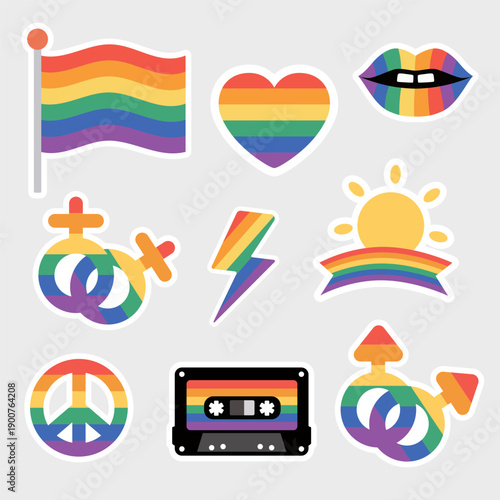Set of colorful LGBTQ pride stickers in flat vector style. Illustrations featuring rainbow elements, equality symbols and positive messages. For social media, prints, posters, planners.