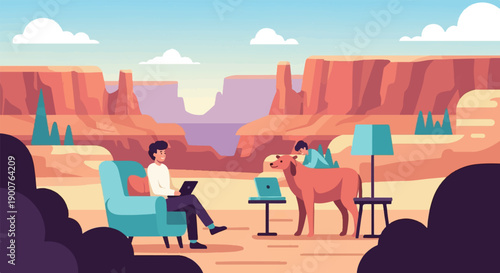 Two people and a dog work remotely in a desert canyon setting