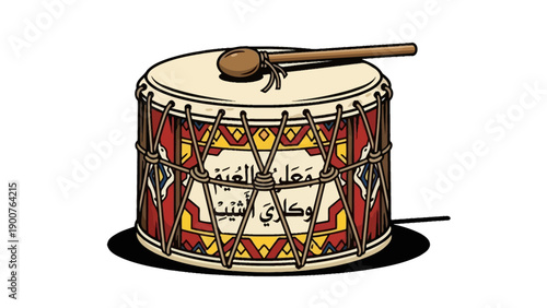 Vibrant drum with intricate patterns and drumstick on top, ready for rhythmic performance, viewed from the side