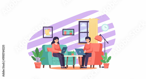 Two people working on laptops in a living room setting