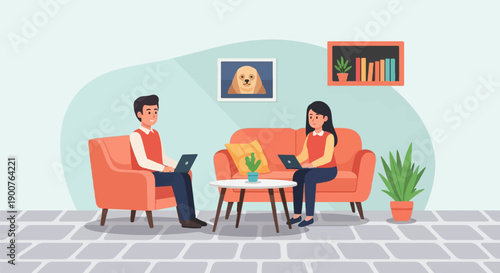 Two people working on laptops in a living room (1)