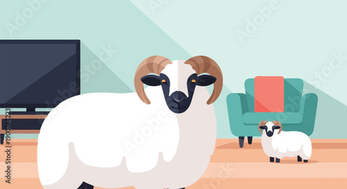 Two sheep with large horns stand in a minimalist living room with a television and chair