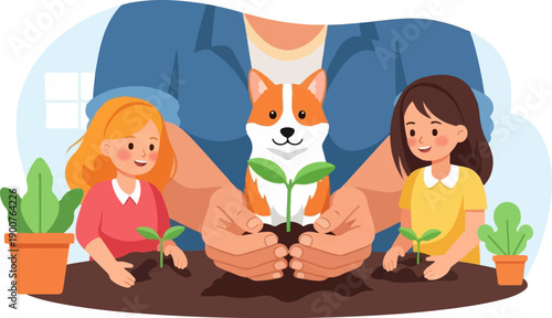 Two children, a dog and an adult planting seedlings in the soil together