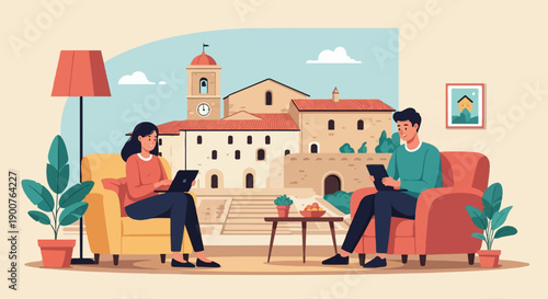 Two people in comfortable chairs use laptops in a cozy living room