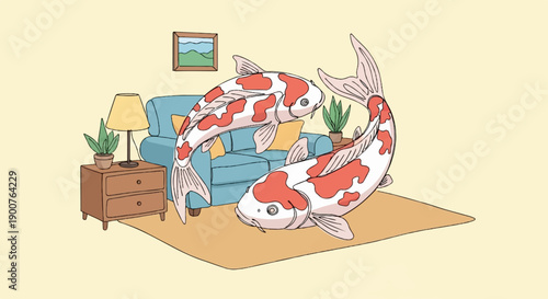 Two koi fish swim around a cozy living room with a blue couch