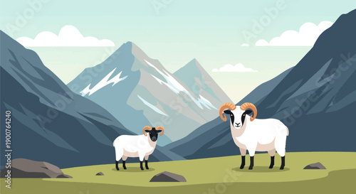 Two sheep with large horns stand in a mountainous, grassy landscape