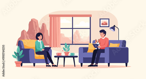 Two people relaxing in a living room with a dog, by a window