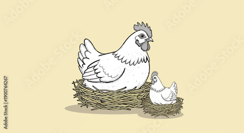 Two chickens sit in nests, one large and one small