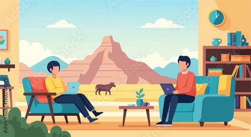 Two people working on laptops in a living room with a desert landscape view