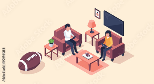 Two people relaxing at home watching TV and using laptops with a football nearby