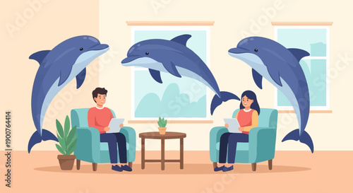 Two people relaxing at home, reading on tablets, with three dolphins swimming around