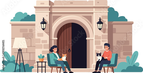 Two people relax with their cats on a stone porch with a large archway