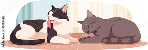 Two cats grooming themselves on a tiled floor, a cozy indoor scene