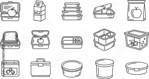 Set of food storage and meal prep container outline icons including lunch boxes, packaging, and reusable containers, minimal line vector illustrations isolated on white
