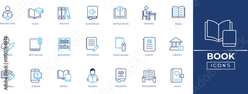 Book line icon set for library, education, study, and knowledge. Vector symbols for reading, school, literature, and bookstore design. Editable icon collection.