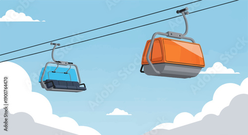 Two ski lift chairs suspended by cables against a cloudy blue sky