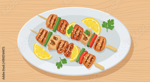 Two skewers with grilled meat and vegetables on a plate, garnished