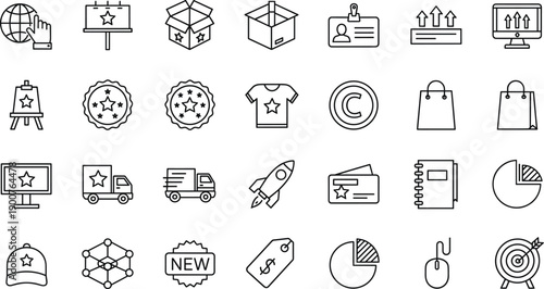 Set of business, marketing, and e-commerce outline icons including packaging, branding, delivery, analytics, advertising, and startup symbols, minimal line vector illustrations