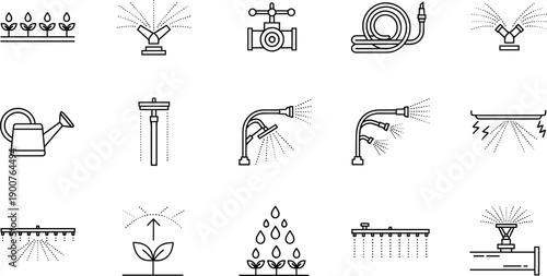 Set of garden irrigation and watering system outline icons including sprinklers, hoses, taps, and watering cans, minimal line vector illustrations for landscaping