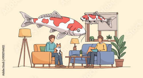 Two men and a cat relaxing indoors with surreal giant koi swimming
