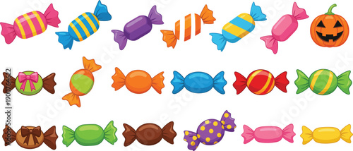 Set of colorful wrapped candy illustrations with assorted sweets and Halloween treat, cute cartoon vector elements isolated on white for food and party designs